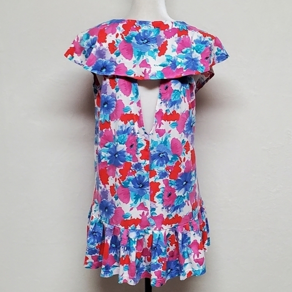 RARE Vintage Annex Multi-color Floral Pointed Collar Cut-out Ruffle Mini Dress M - Picture 13 of 16